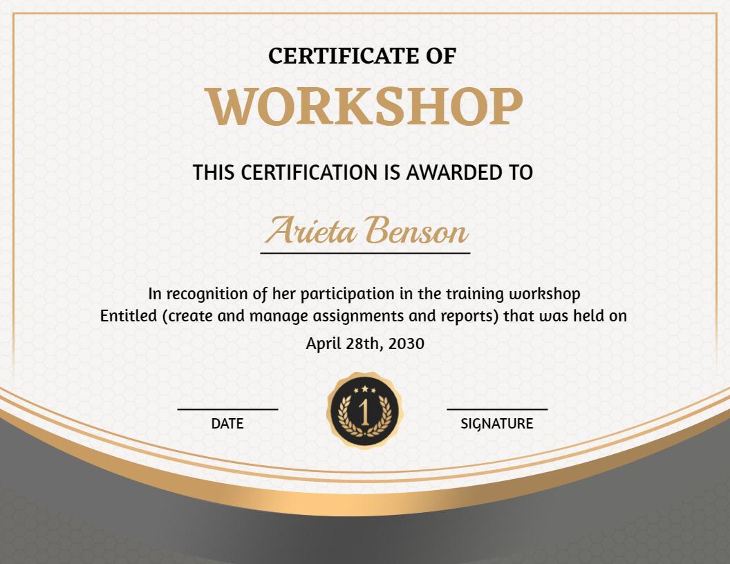 Elegant Gold Workshop Participation Achievement Certificate Template