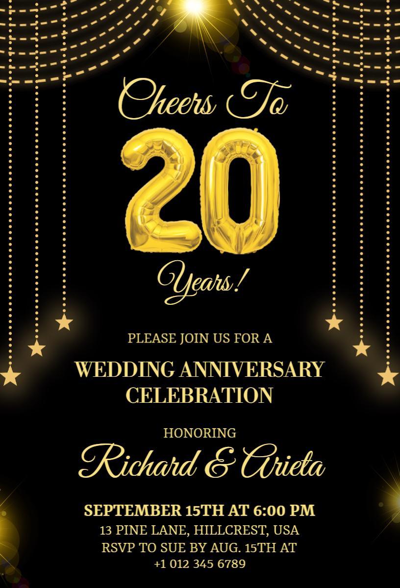 Elegant Golden 20th Wedding Anniversary Celebration Invitation Template