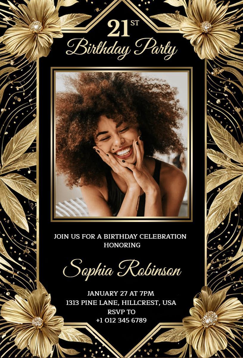 Elegant Golden 21st Birthday Celebration Invitation Template