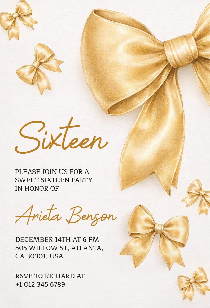 Elegant Golden Bow Sweet Sixteen Birthday Invitation Template