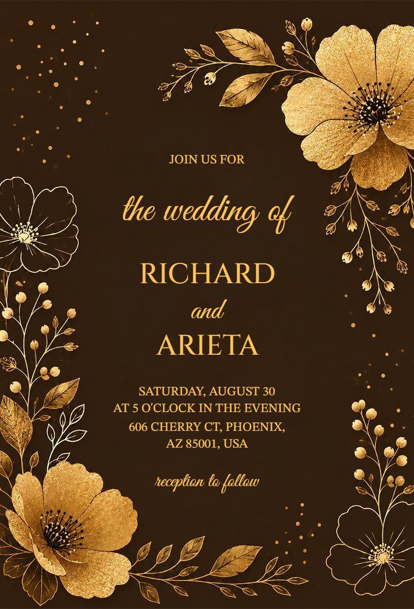 Elegant Golden Floral Wedding Celebration Invitation Template