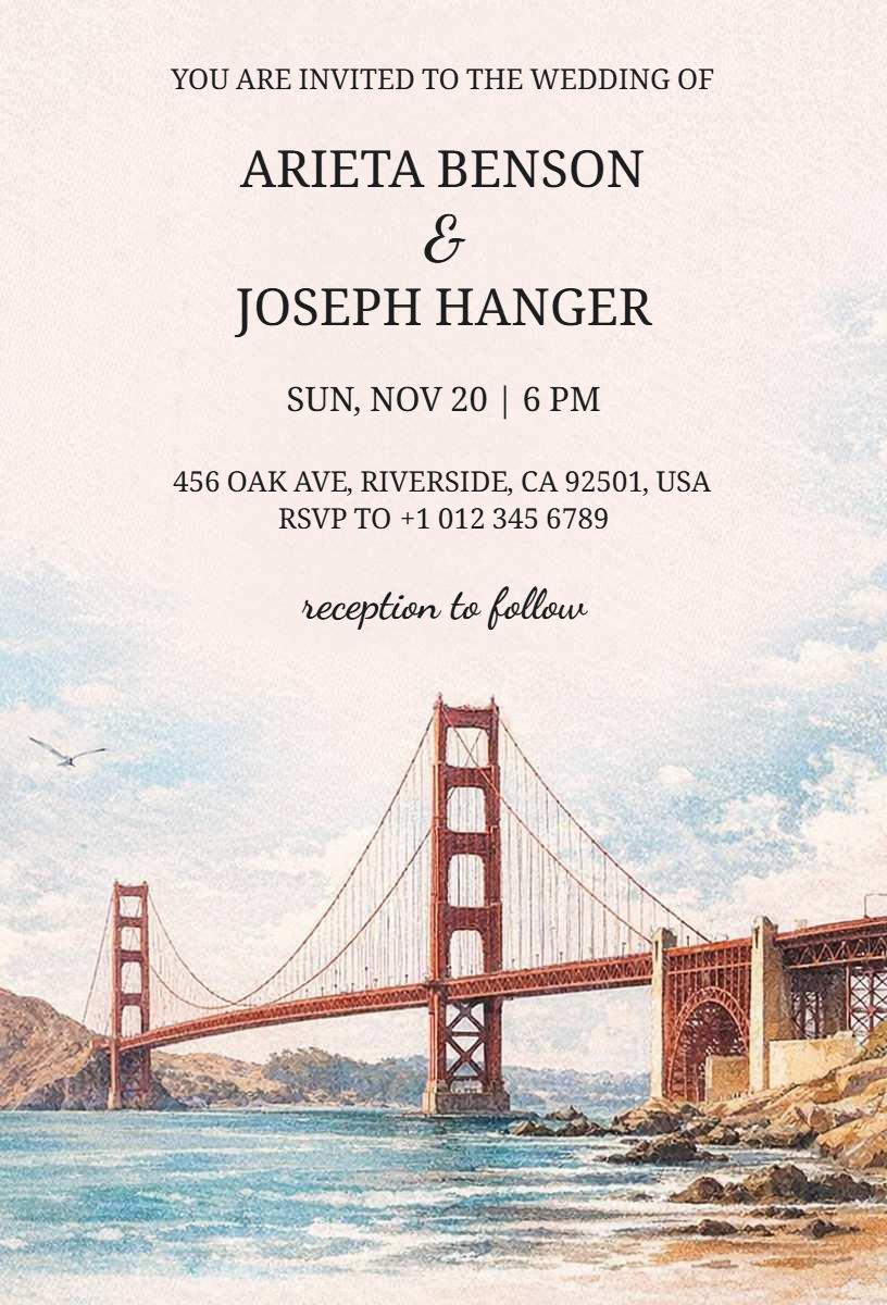 Elegant Golden Gate Bridge Wedding Ceremony Invitation Template