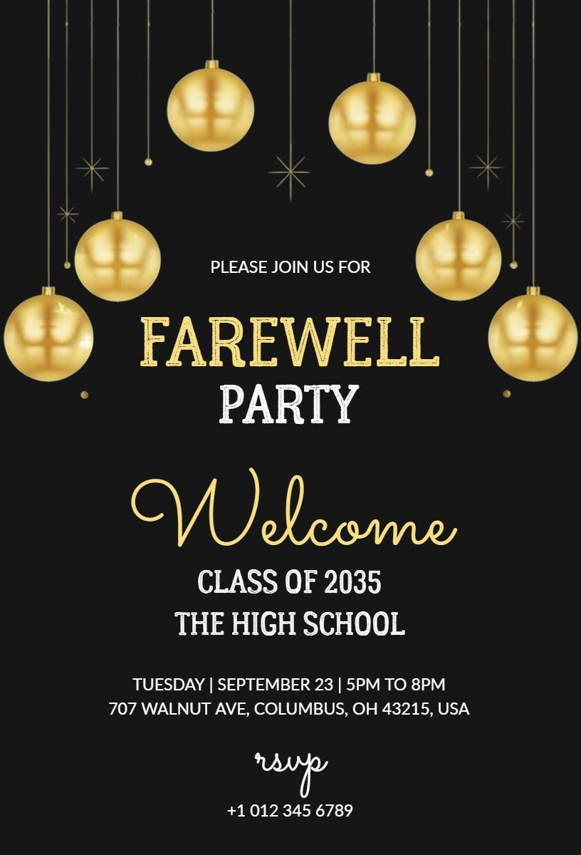 Elegant Golden Glamour Farewell Party Invitation Template