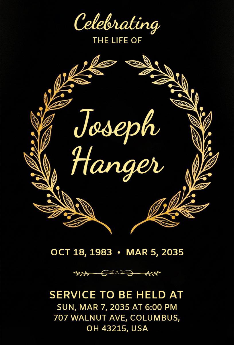 Elegant Golden Laural Wreath Funeral Service Invitation Template