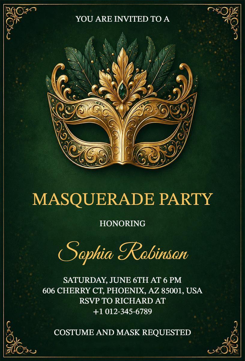 Elegant Golden Masquerade Party Celebration Invitation Template