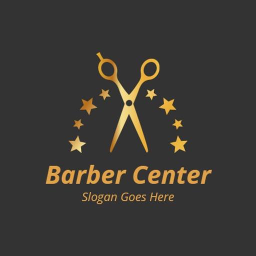 Elegant Golden Scissors Surrounded by Stars Barber Center Logo Template