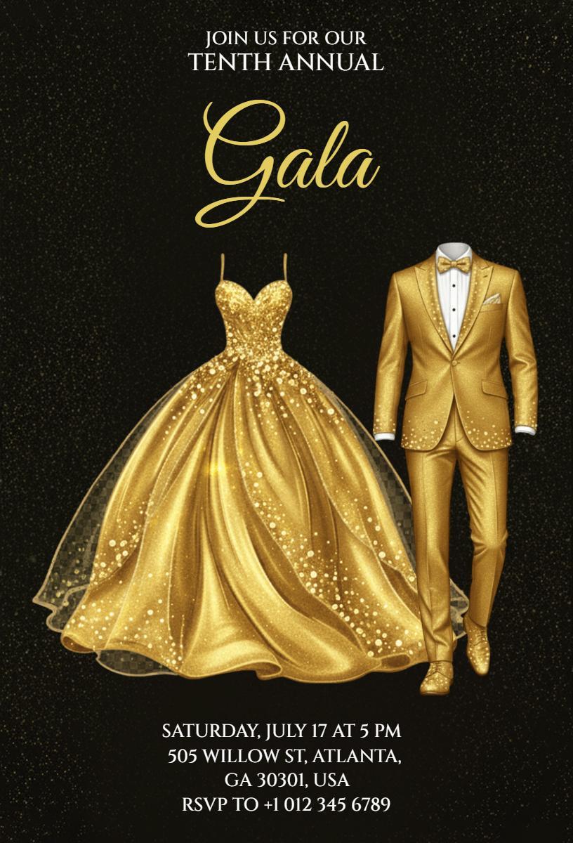 Elegant Golden Tenth Annual Gala Celebration Invitation Template