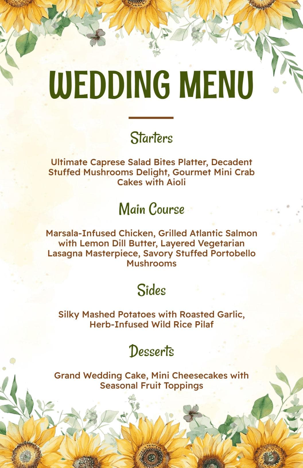 Elegant Gourmet Starters and Main Courses Wedding Menu Template