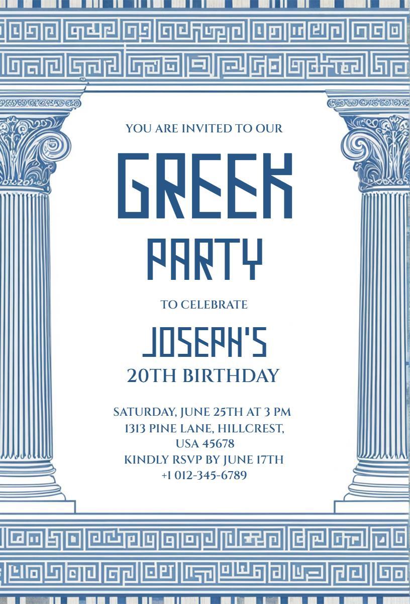 Elegant Greek Theme 20th Birthday Celebration Party Invitation Template