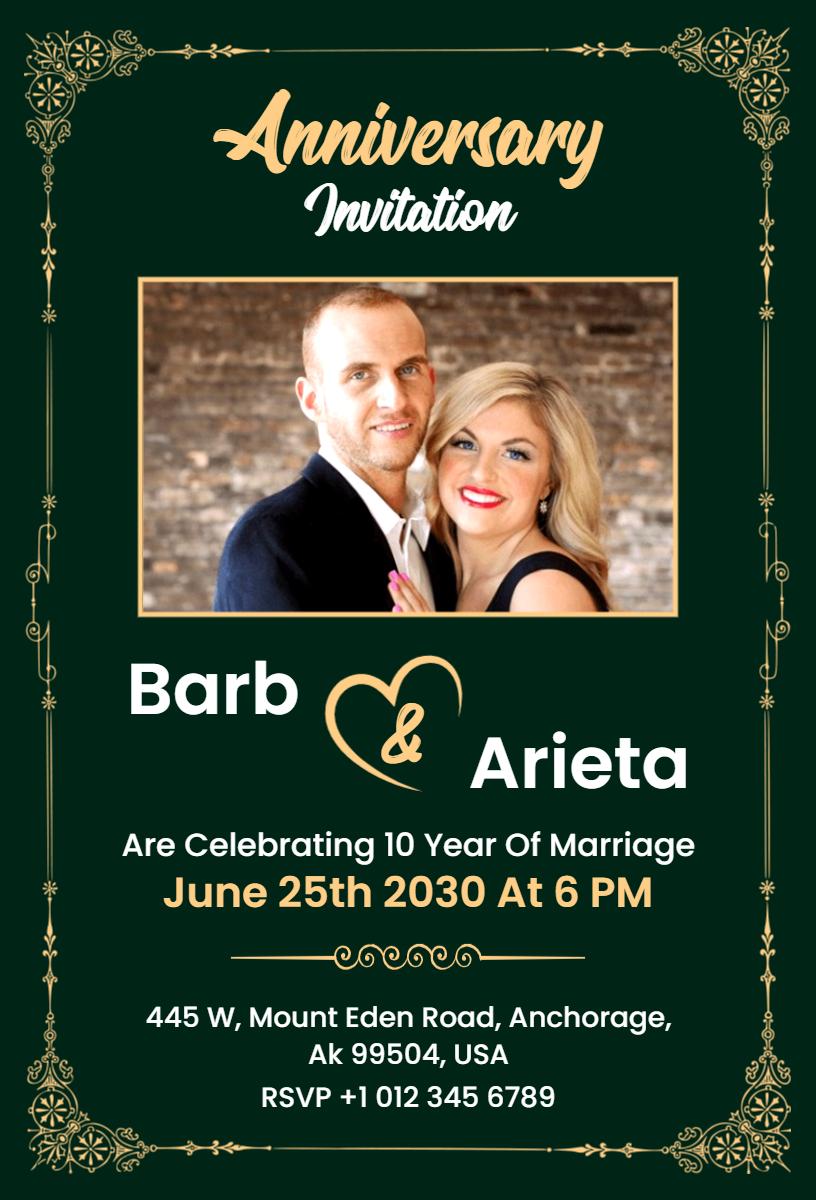 Elegant Green 10 Year Wedding Anniversary Celebration Invitation Template