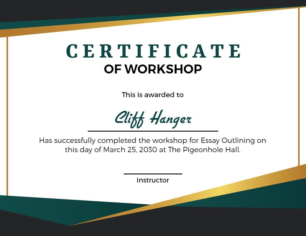 Elegant Green and Gold Essay Workshop Completion Certificate Template