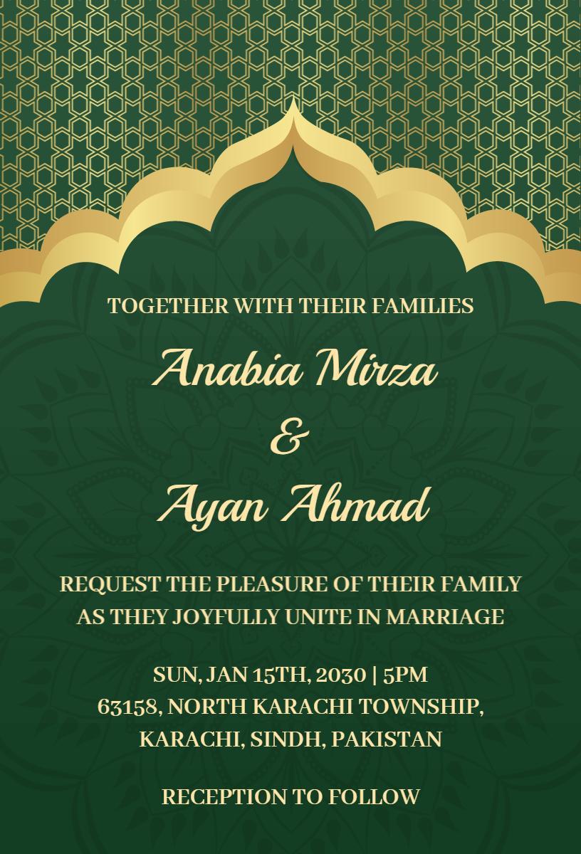 Elegant Green Arabic Style Muslim Wedding Invitation Template