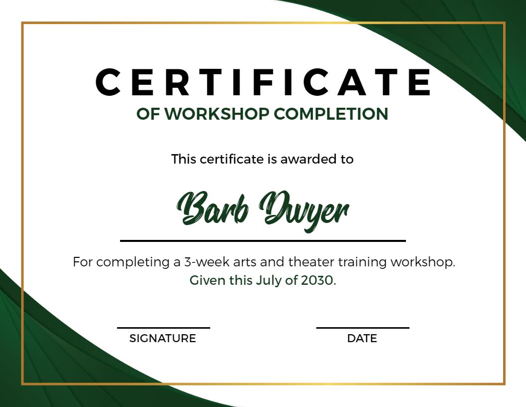 Elegant Green Arts and Theater Workshop Completion Certificate Template