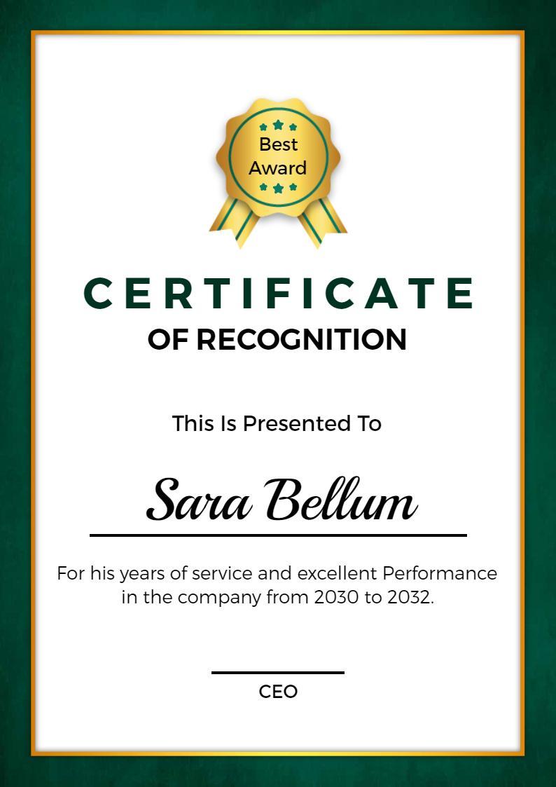 Elegant Green Award for Outstanding Service Recognition Certificate Template