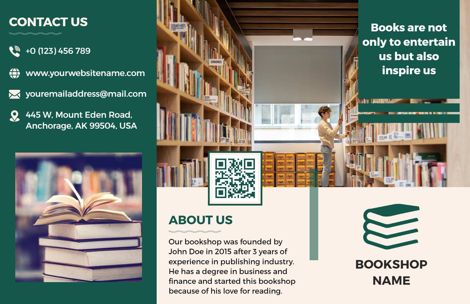 Elegant Green Bookstore Tri Fold Brochure with Discount Offers Template