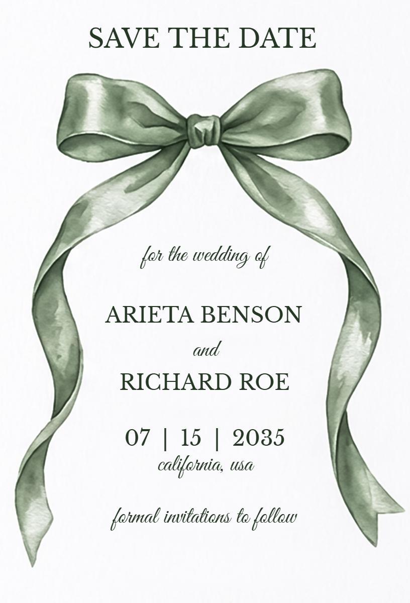 Elegant Green Bow Wedding Save The Date Invitation Template