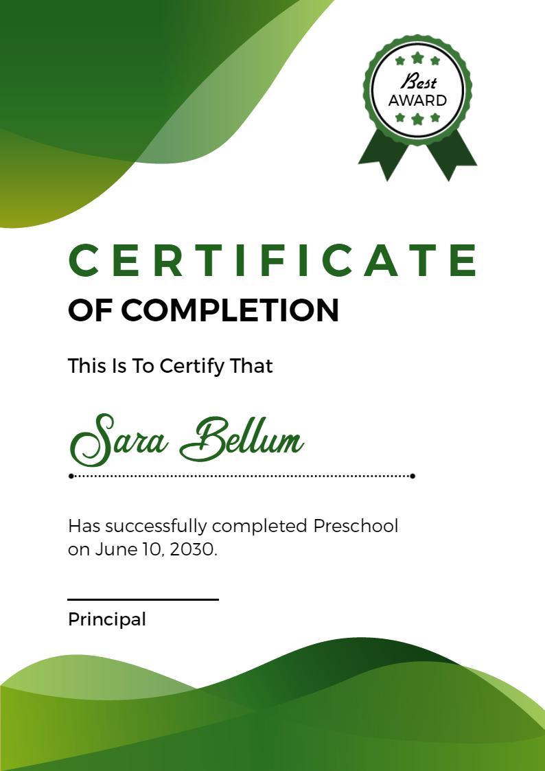 Elegant Green Curved Design Preschool Completion Certificate Template