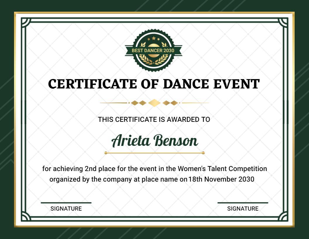 Elegant Green Dance Competition Achievement Certificate Template