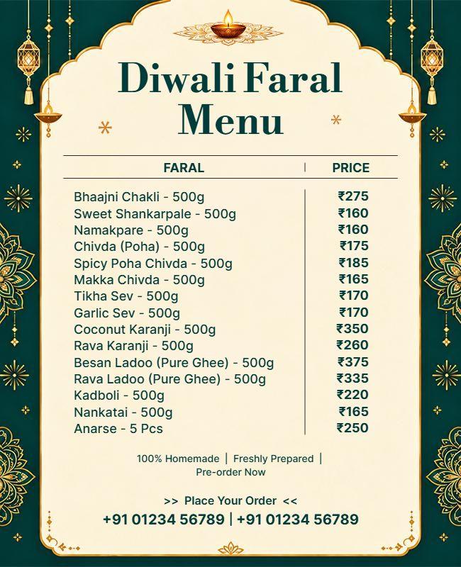 Elegant Green Diwali Faral Menu Flyer Template