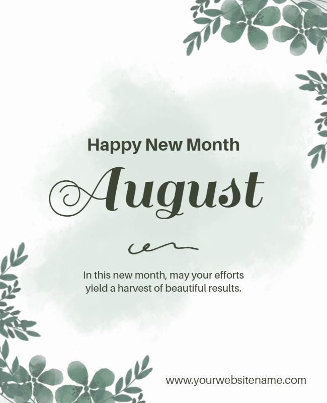Elegant Green Floral August New Month Greeting Poster Template
