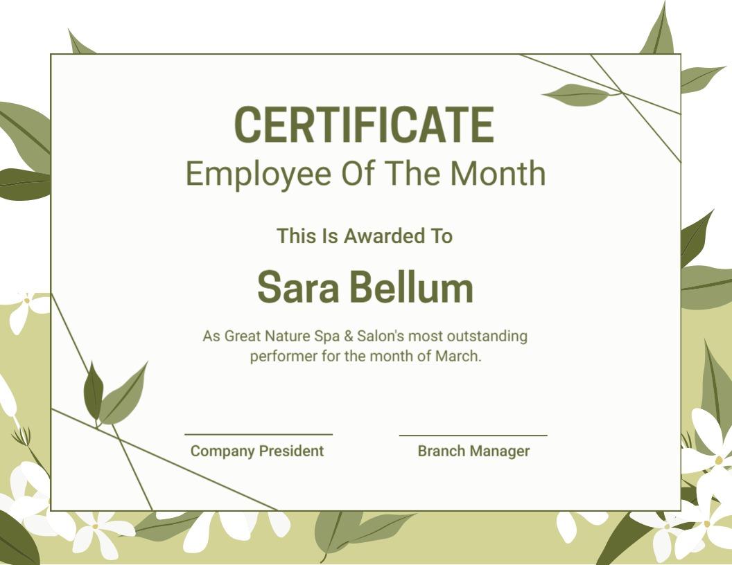 Elegant Green Floral Employee of the Month Certificate Template