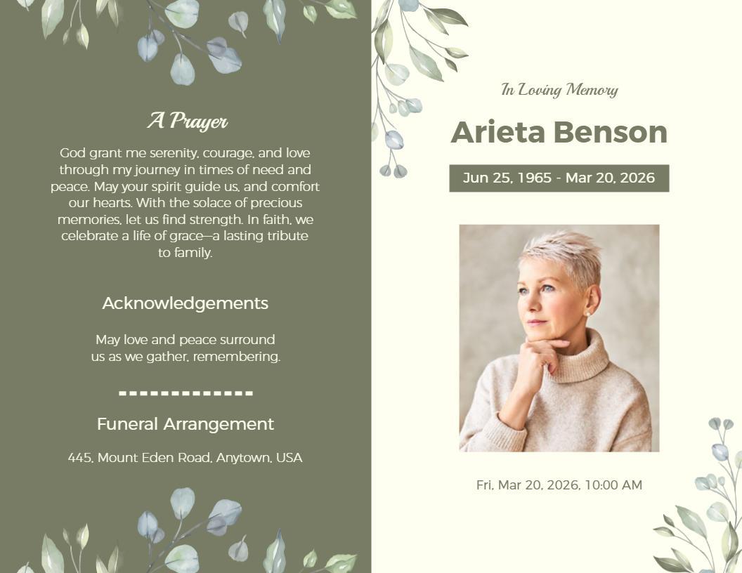 Elegant Green Floral Memorial Tribute and Funeral Brochure Template