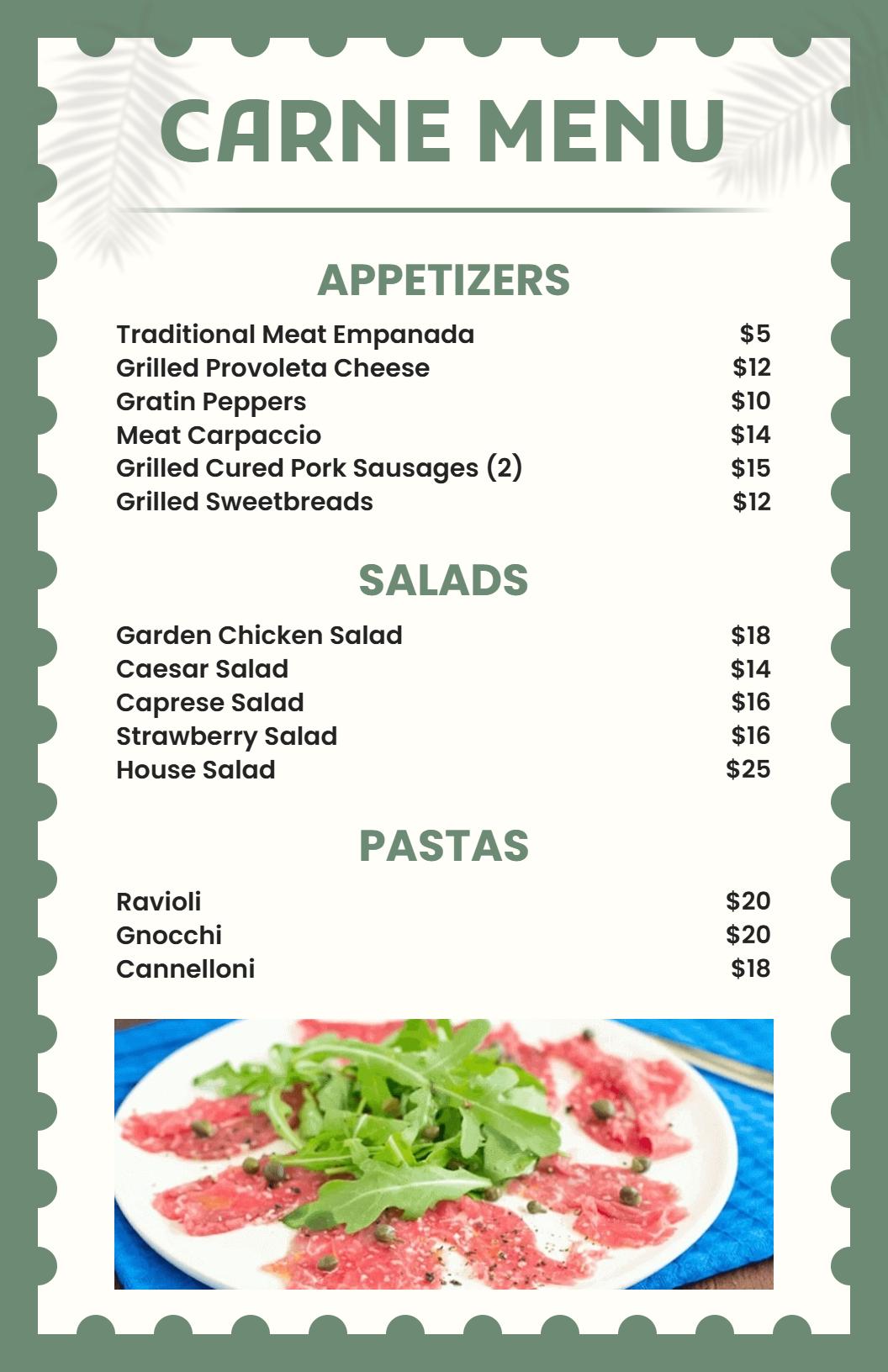 Elegant Green Frame for Italian Carne Dining Menu Template