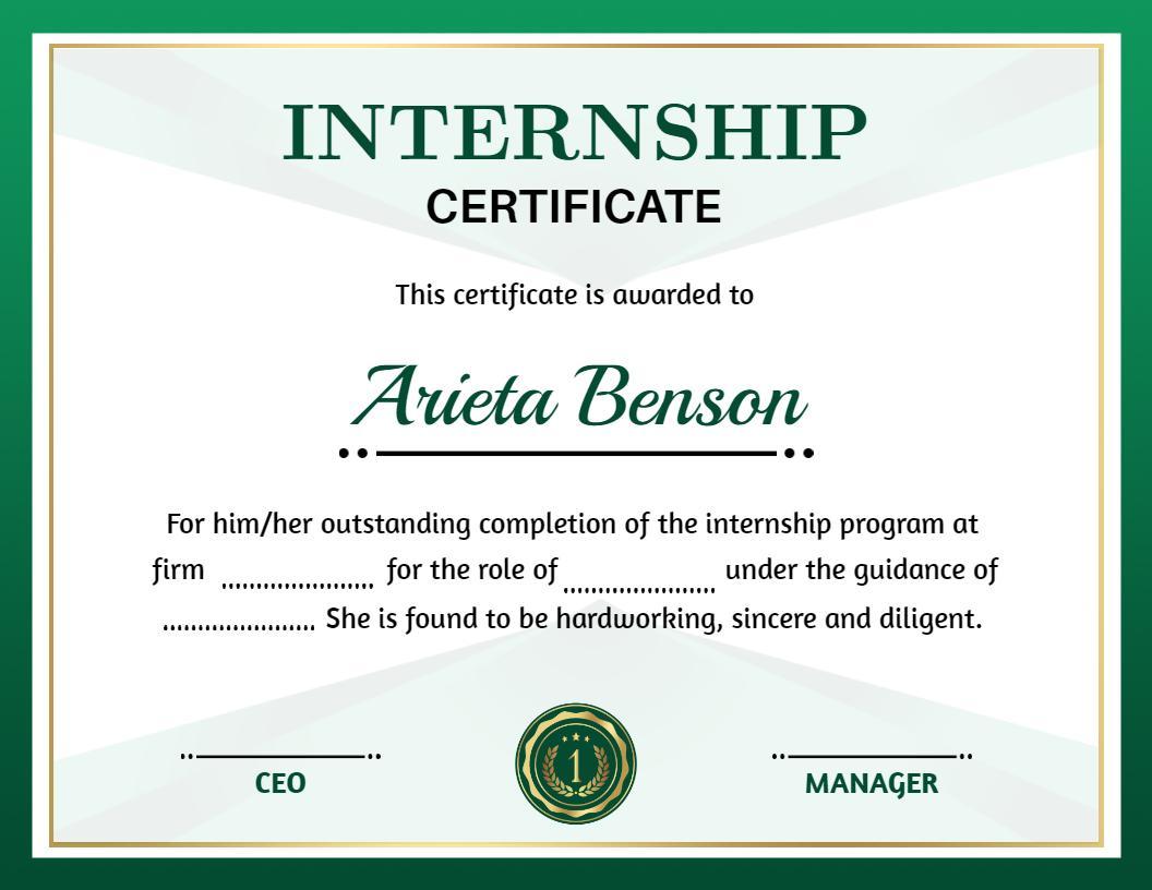 Elegant Green Internship Completion Achievement Certificate Template