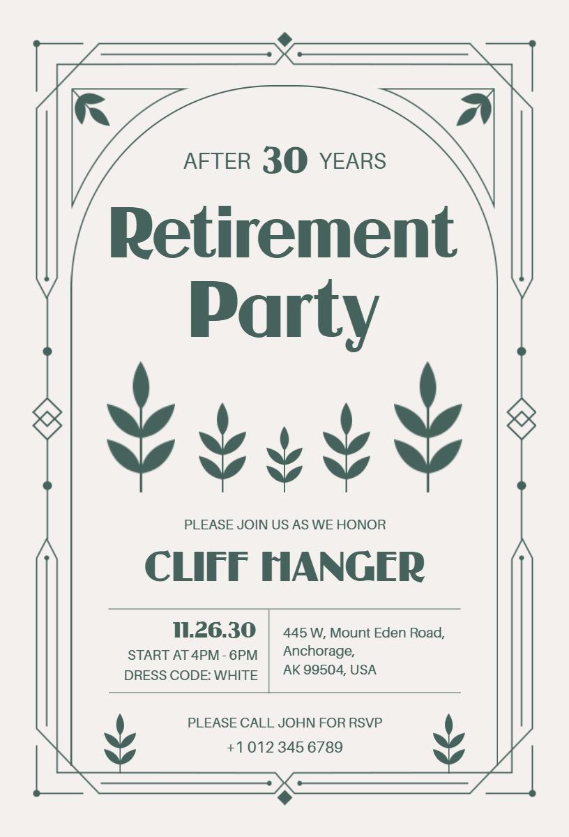 Elegant Green Leaves Retirement Celebration Party Invitation Template
