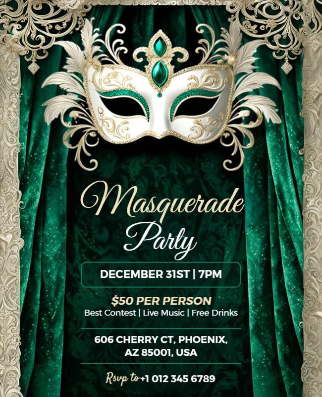Elegant Green Masquerade Party Celebration Poster Template
