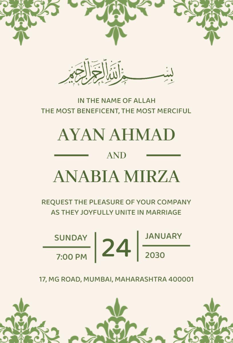 Elegant Green Muslim Wedding Ceremony Invitation Template