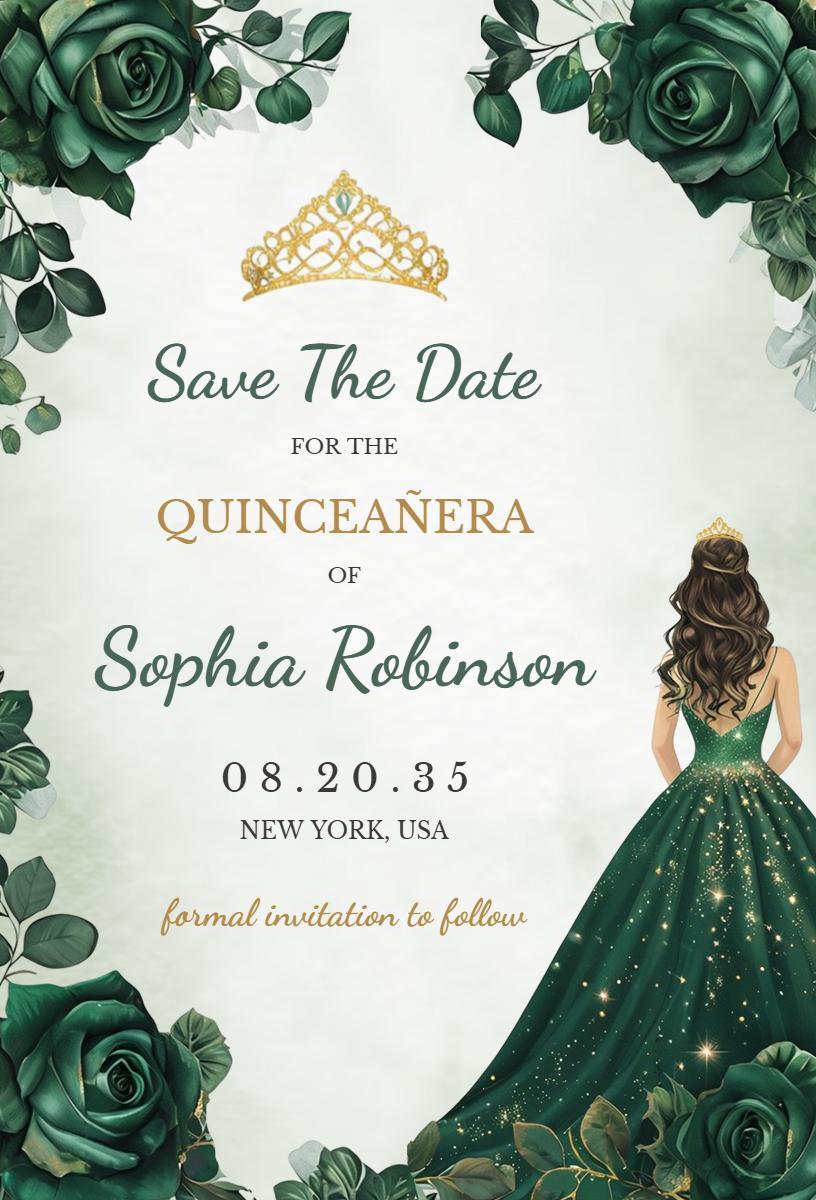 Elegant Green Quinceanera Save The Date Invitation Template