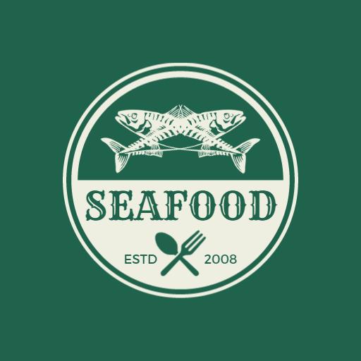 Elegant Green Seafood Logo Featuring Crossed Fish and Utensils Logo Template