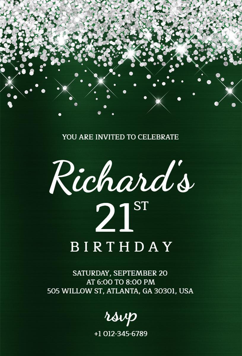 Elegant Green Sparkle 21st Birthday Celebration Invitation Template