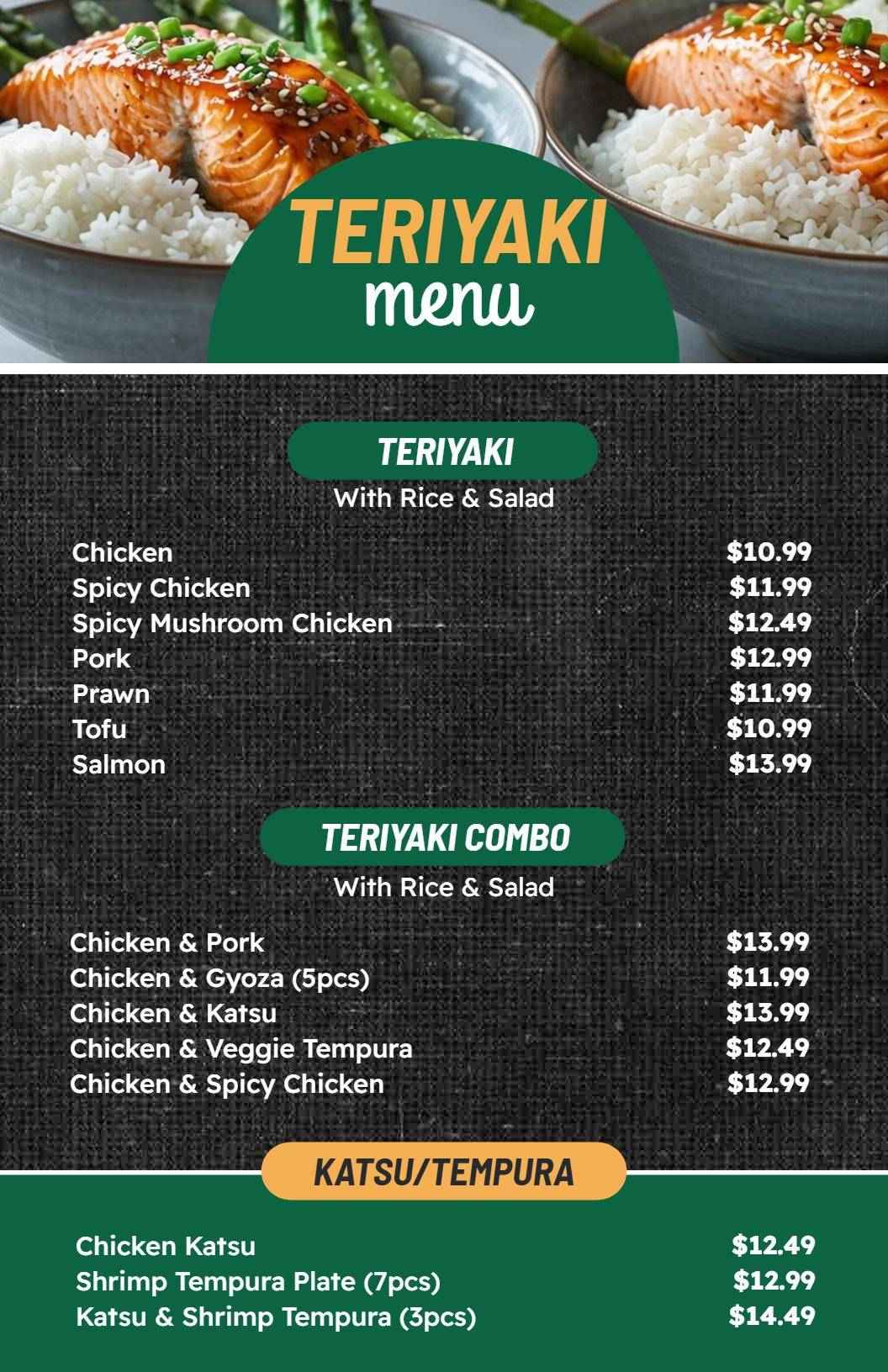 Elegant Green Teriyaki and Katsu Selection Menu Template