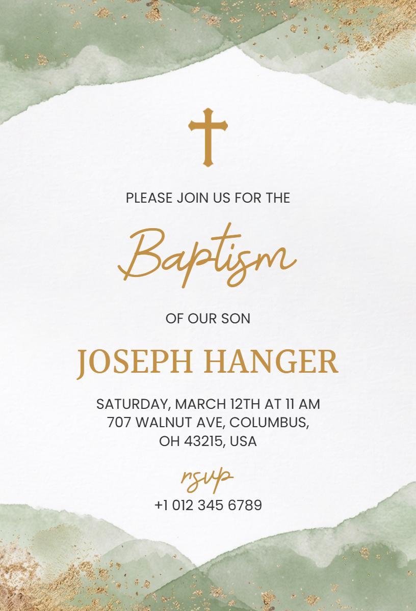 Elegant Green Watercolor Son Baptism Celebration Invitation Template