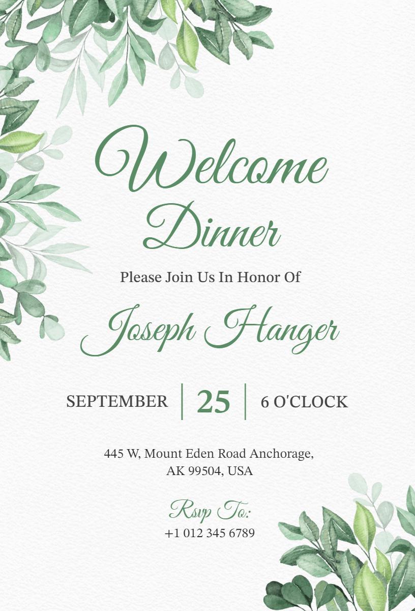 Elegant Green Welcome Dinner Gathering Invitation Template
