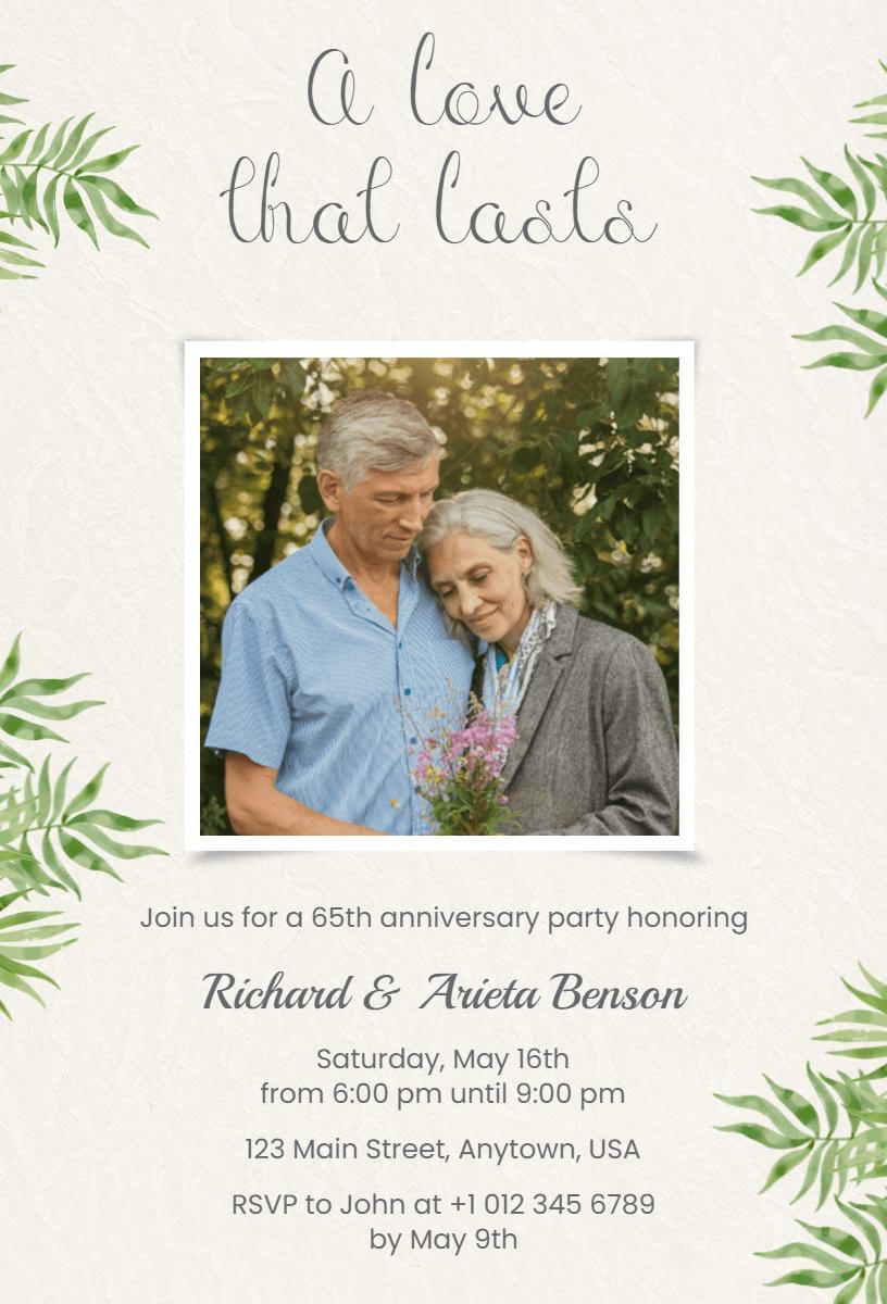 Elegant Greenery 65th Anniversary Celebration Invitation Template