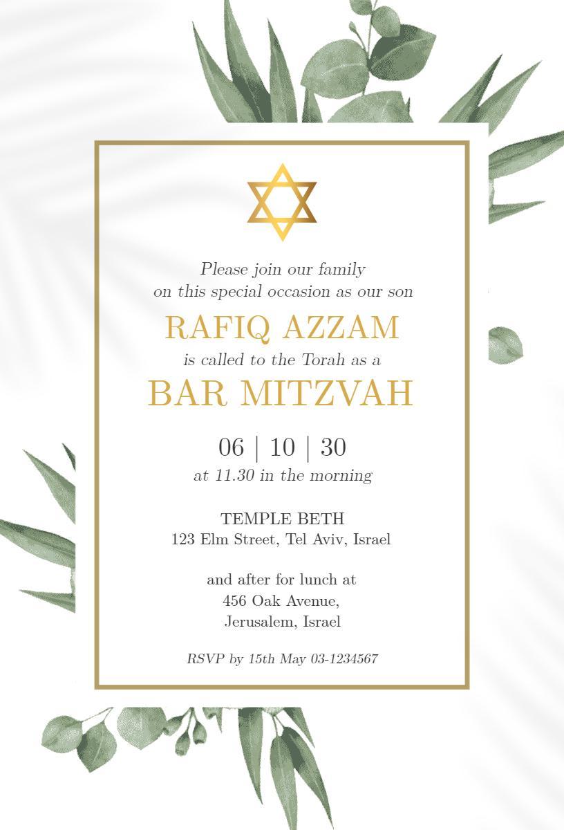 Elegant Greenery Bar Mitzvah Celebration Invitation Template