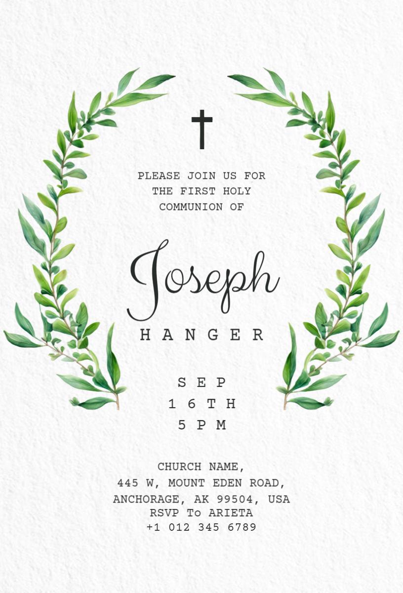 Elegant Greenery First Communion Celebration Invitation Template