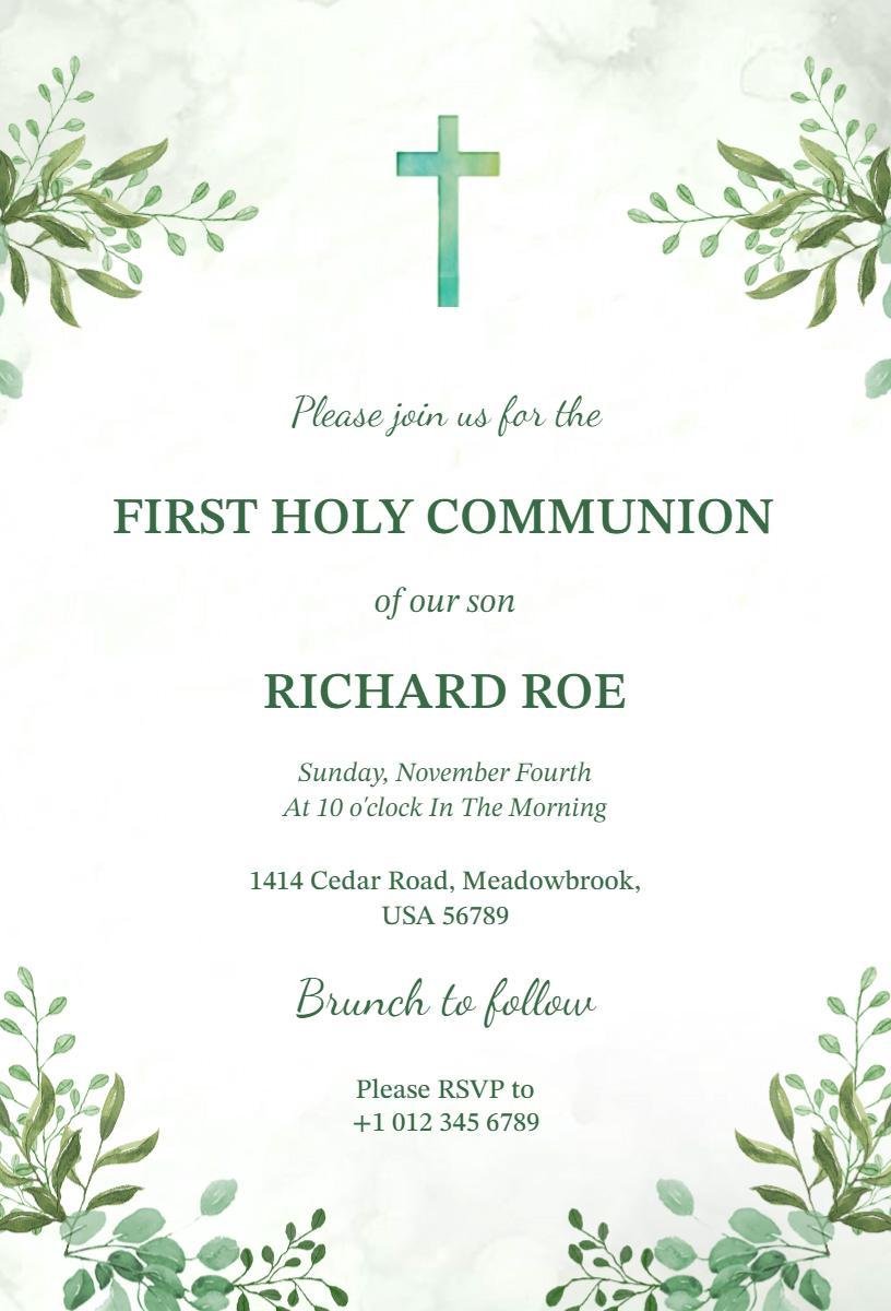 Elegant Greenery First Holy Communion Invitation Template