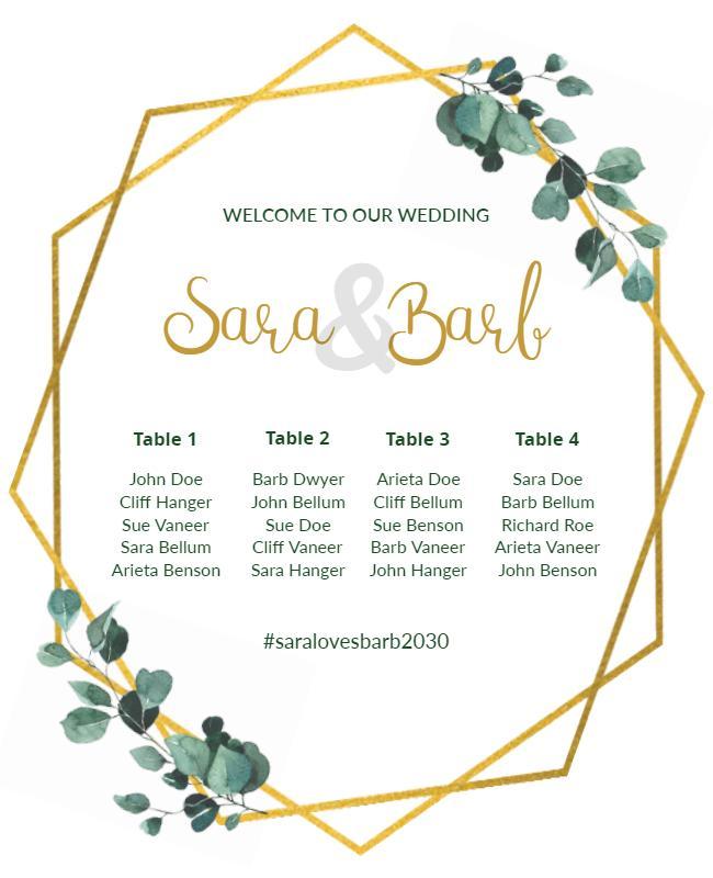Elegant Greenery Gold Wedding Table Seating Poster Template