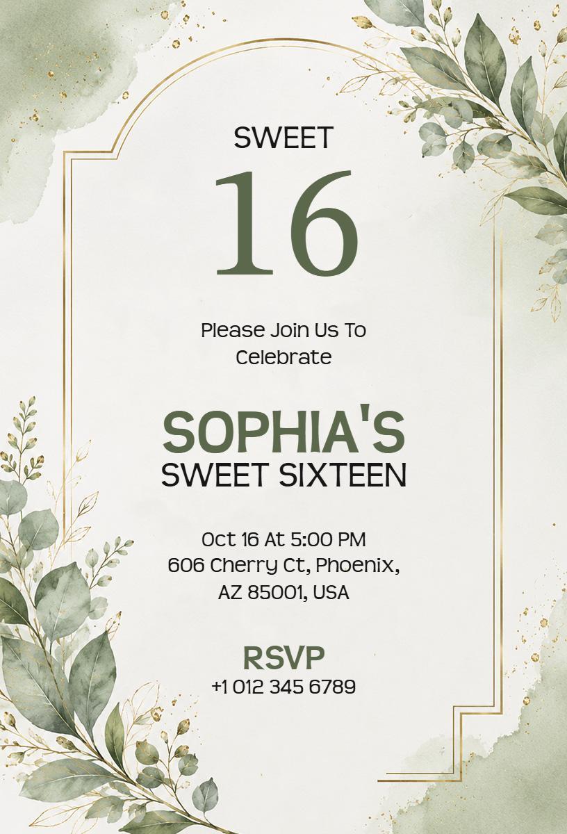 Elegant Greenery Sweet 16 Birthday Celebration Invitation Template