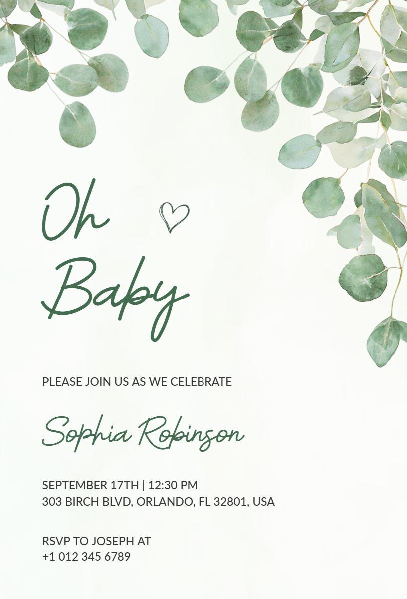 Elegant Greenery Themed Baby Shower Celebration Invitation Template