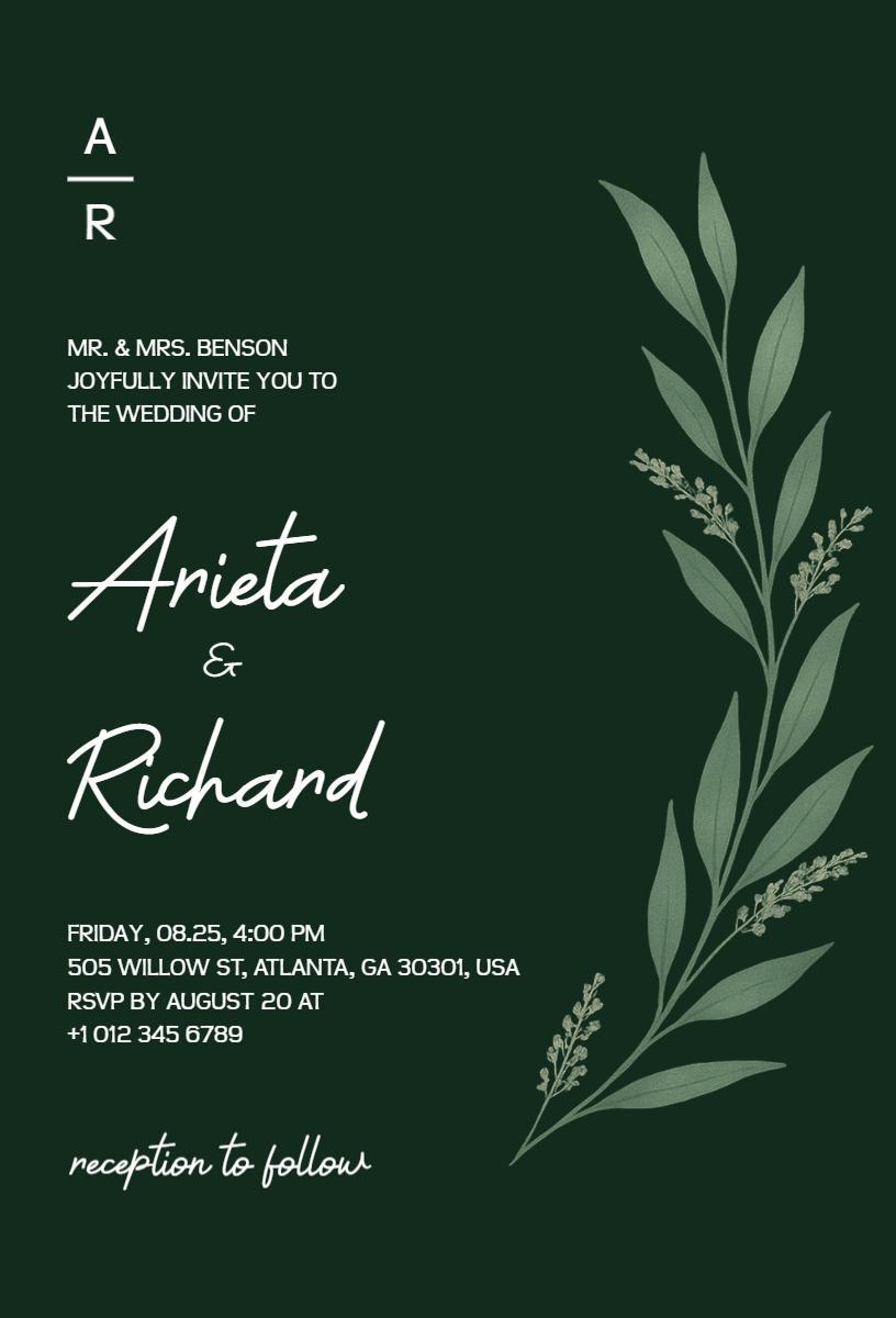 Elegant Greenery Themed Wedding Ceremony Invitation Template