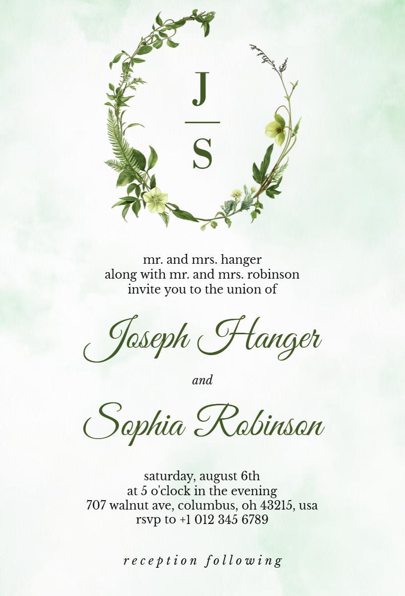 Elegant Greenery Wedding Celebration Union Invitation Template