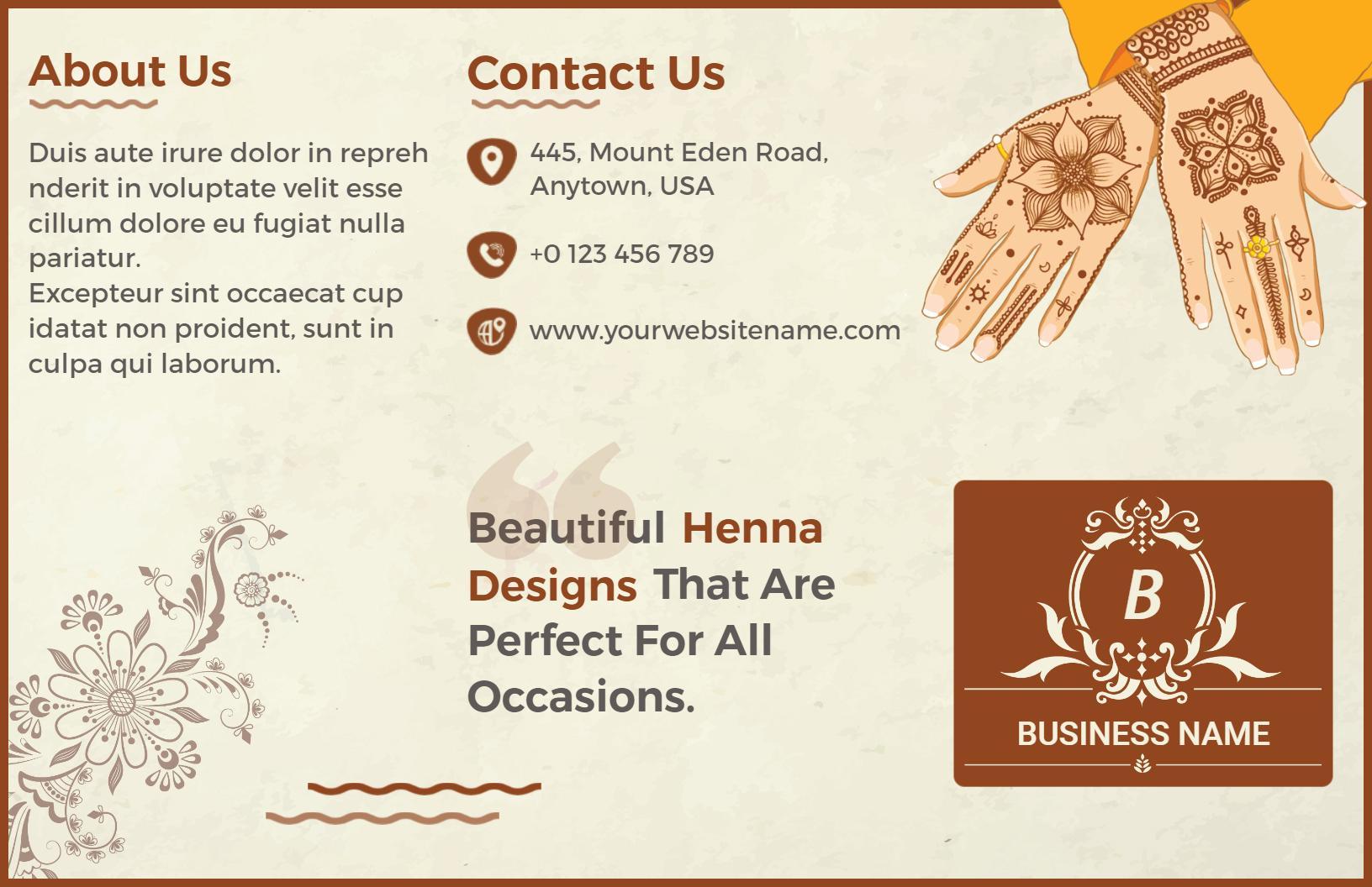Elegant Henna Art Services and Pricing Tri Fold Brochure Template