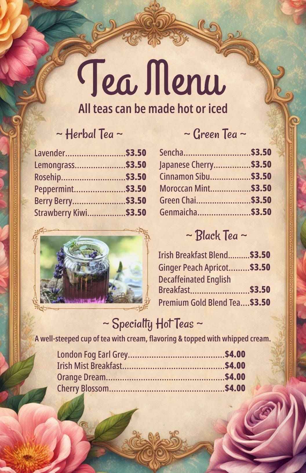 Elegant Herbal, Green, and Specialty Teas for Every Taste Tea Menu Template