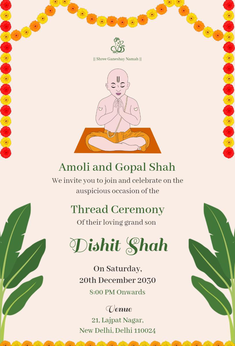 Elegant Hindu Thread Ceremony Celebration Invitation Template