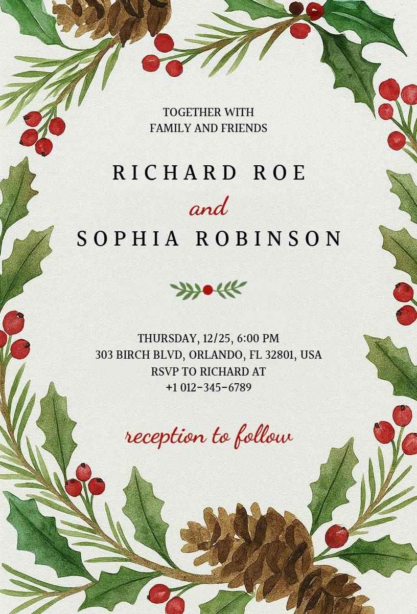 Elegant Holly Berry Christmas Wedding Celebration Invitation Template